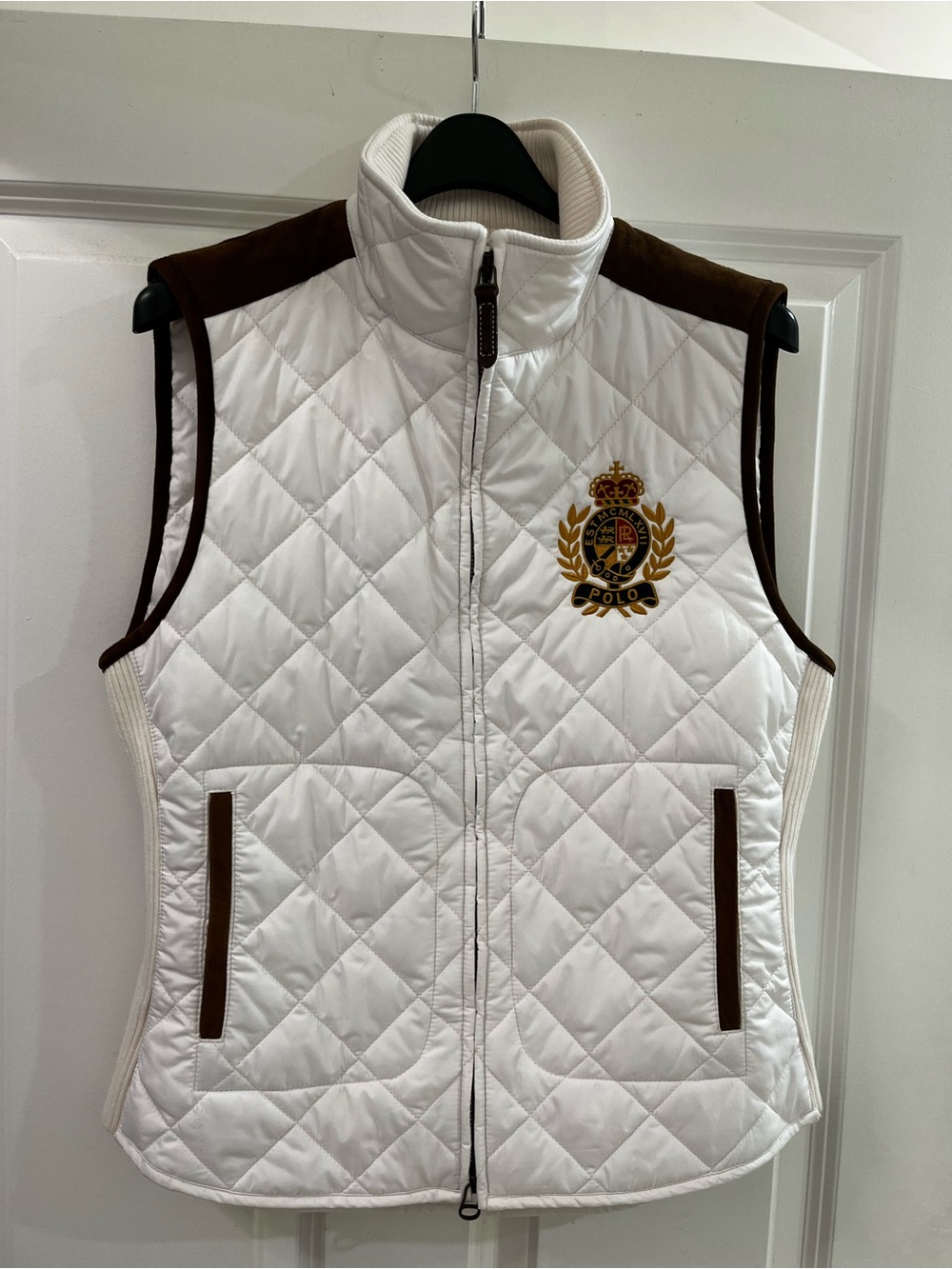 Ralph Lauren White Quilted Vest with Brown Trim & Crest